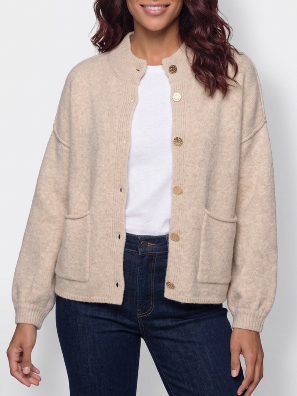 entro Beige Button-Front Knit Cardigan